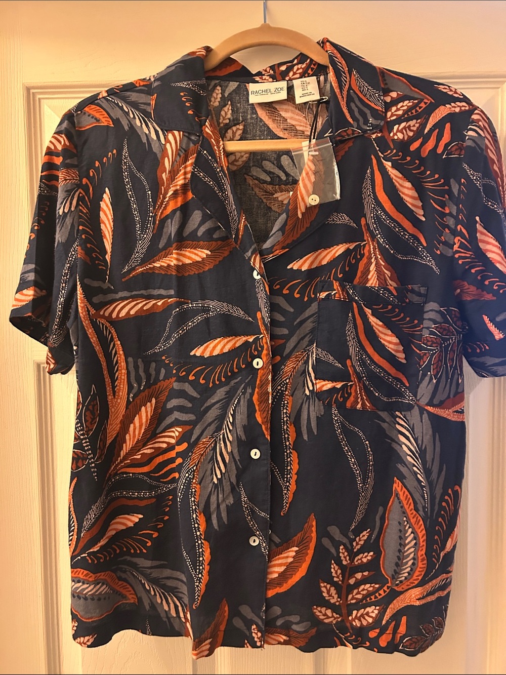 Rachel Zoe Navy Short-Sleeve Button-Up Linen Blend Shirt with Orange Leaf Print